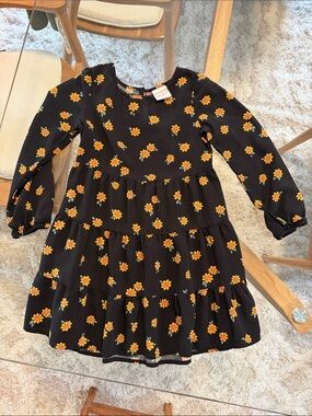 jumping beans Black Floral Tiered Dress with Yellow Flowers and Orange Centers